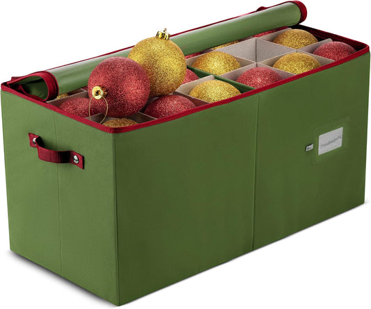 ZOBER Large Christmas Ornament Storage Box - Organize 54 4" Ornaments with Dividers - Durable Green Container