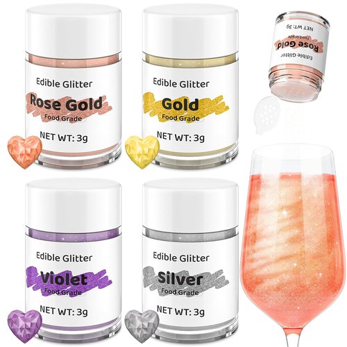 Cherrysea Edible Glitter Food Coloring - 4 Color Shimmer Powder Set for Cocktails & Beverages | Vegan & Gluten-Free - 3g/Bottle