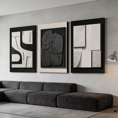 Azartslr 3D Abstract Textured Wall Art - Modern Black & White Sandstone Decor | 3-Piece Minimalist Set for Living Room & Bedroom