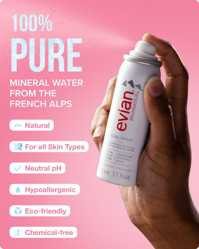 Evian Facial Spray 1.7 oz, Hydrating Mineral Water Mist for Face & Skin, Refreshes Makeup and Tones Skin, TSA-Approved Mini Facial Spray to Hydrate and Support On-the-Go Skincare