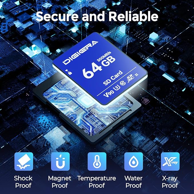 DIGIERA 64GB LSU200 SDXC UHS-II Memory Card - up to 300MB/s, C10, U3, V90, 8K, SD Card for Computers, Digital Cameras, Home Theatre Devices, Car Navigation Systems (1 Pack)