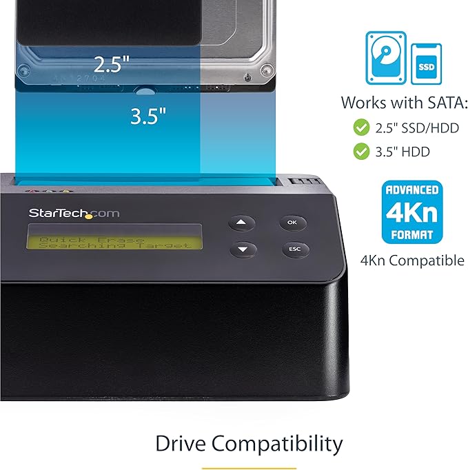 StarTech Single Bay Hard Drive Eraser, Standalone HDD/SSD Disk Sanitizer, NIST 800-88 & DOD 5220.22-M Secure Erase, 4Kn, USB 3.0 to SATA III, 9 Erase Modes, RS232 Printer Port, TAA Compliant