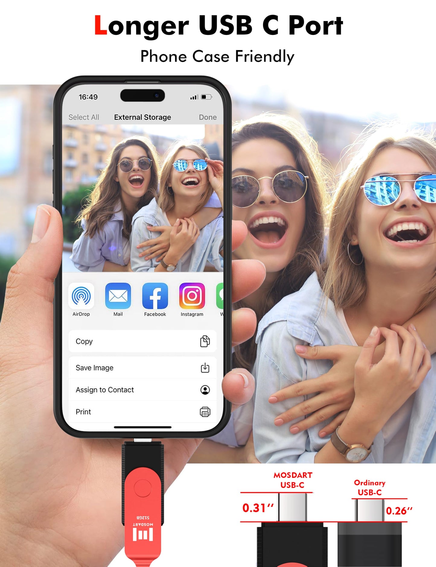 MOSDART 512GB USB C 3.2 Fast Speed C and A Dual Flash Drive, exFAT Memory Stick with Keychain and LED Indicator, for iPhone 15,16,17, Android Phone, iPad, MacBook, and Other Laptops, Red