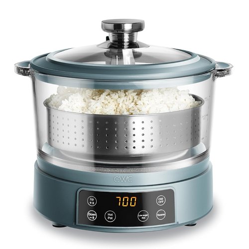 COOK WITH COLOR 3L Glass Mini Low Carb Rice Cooker - Auto Lift Filter Basket & Digital Panel, Slate Blue