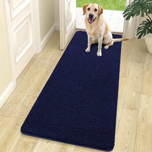 OLANLY Dog Door Mat - Absorbent Non-Slip Chenille for Muddy Paws | 70x24, Quick Dry, Navy Blue