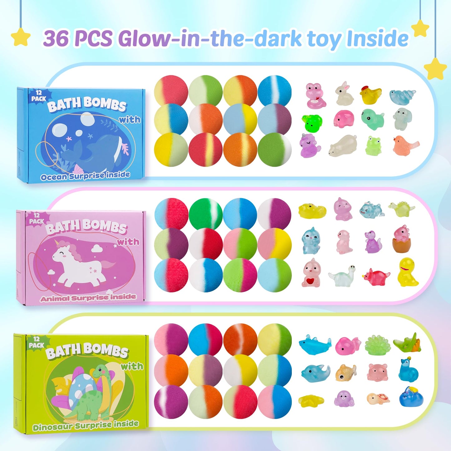 Bath Bombs for Kids with Toy Inside, 36 Pcs Bath Bombs with Glow in The Dark Dinosaur, Animal and Ocean Surprise Inside, Handmade Organic Bubble Bath Ball Gift Set for Birthday, Easter, Christmas