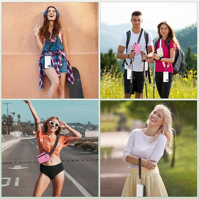 YFWE Clip and Go Strap for Phone with Wallet Crossbody, Adjustable Phone Lanyard with Detachable RFID Wristlet Wallet & Ultra-Thin 360° Rotatable Metal Tabs for All Smartphones (Pink)