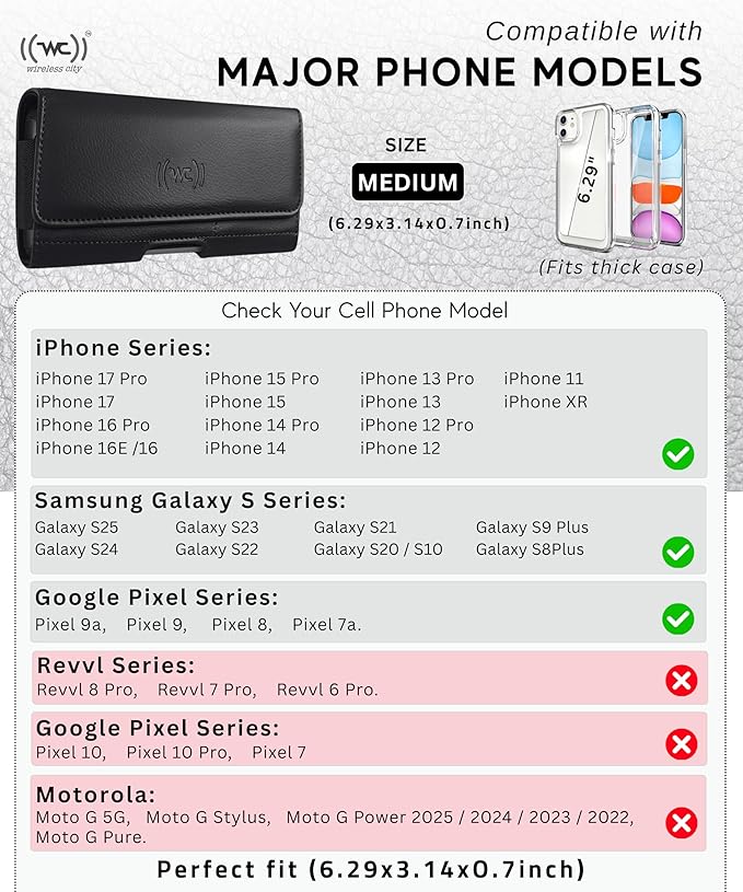 Wireless City Leather Phone Holster for iPhone 17/17 Pro, 16/16 Pro/16e, 15/15 Pro, 14/14 Pro, 13/13 Pro, 12/12 Pro, 11, XR Horizontal Belt Clip Phone Pouch Card Holder Magnetic Closure Phone Case