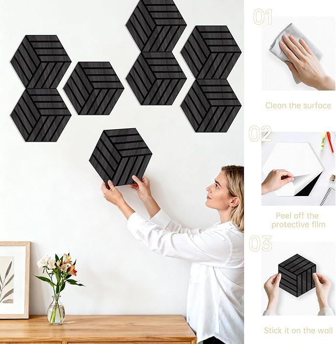 Mollywell Acoustic Panels, PVC Wood-Grain, 14x12 Inch Hexagon Carved Sound Proof Wall Tiles, Self-Adhesive High Density Felt for Home Theater/Studio/Office Echo Reduction, 12 Pack Black Oak, TH4