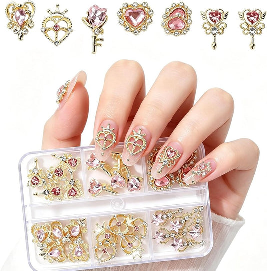 Pink Heart Nail Charms - 30pcs Luxury Alloy Rhinestones & Gems for Stunning Nail Art