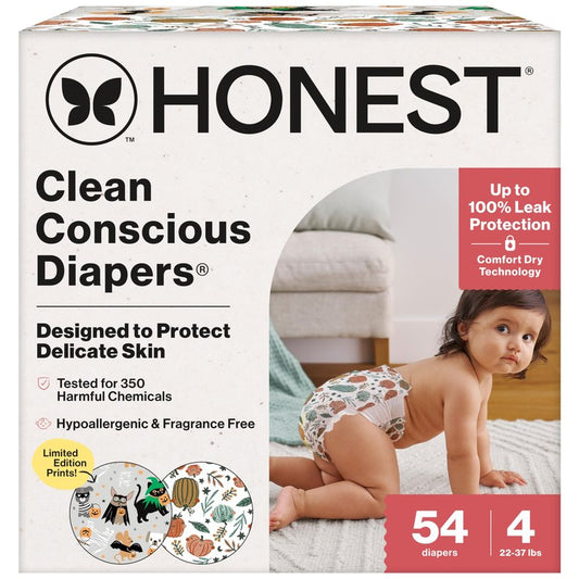 The Honest Company Comfort Dry Disposable Daytime Diapers for Sensitive Skin, Hypoallergenic, Fragrance-Free, Fall '25 Seasonal Prints, Club Box, Size 4 (22-37 lbs), 54 Count