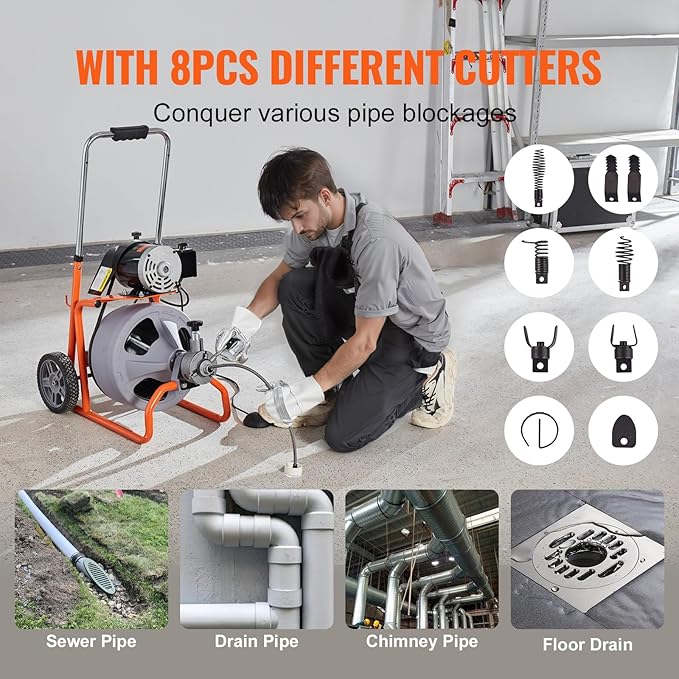 VEVOR Drain Cleaner Machine 75FT x 3/8 Inch, Auto Feed Sewer Snake Drain Auger on Wheels, Portable Drain Cleaning Machine with 8 Cutters & Air-activated Foot Switch for 2" to 4" Pipes