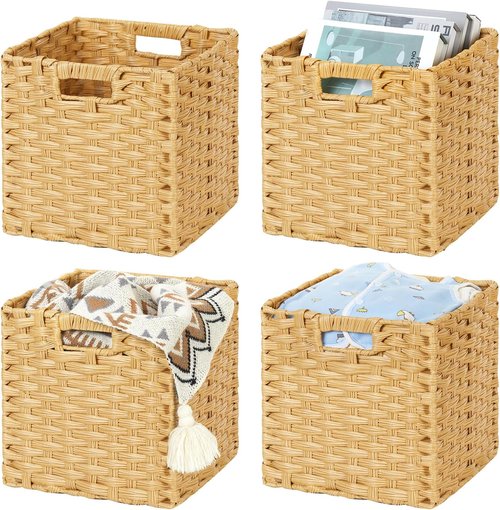 DULLEMELO Wicker Storage Cube Set - 11-Inch Natural Baskets with Handles for Easy Organization | Set of 4