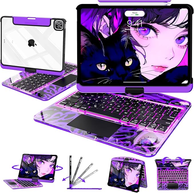 Intermerge Transparent Case with Keyboard for iPad Air 11"(M4/ M3/ M2, 2026/2025/ 2024), Air 5th/4th, Pro 11" 2022-2018, 360° Swivel Multi-Touch Trackpad, 7-Color Backlit, Pencil Holder, Neon Pulse