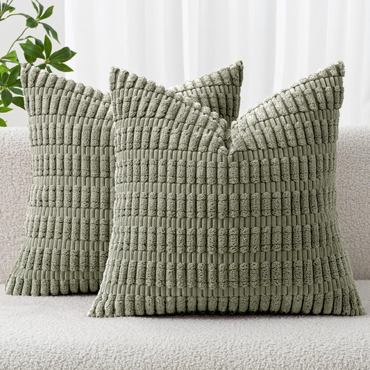 MIULEE Corduroy Throw Pillow Covers - Soft Boho Striped Design | 20x20 Inch Light Olive Green (Set of 2)