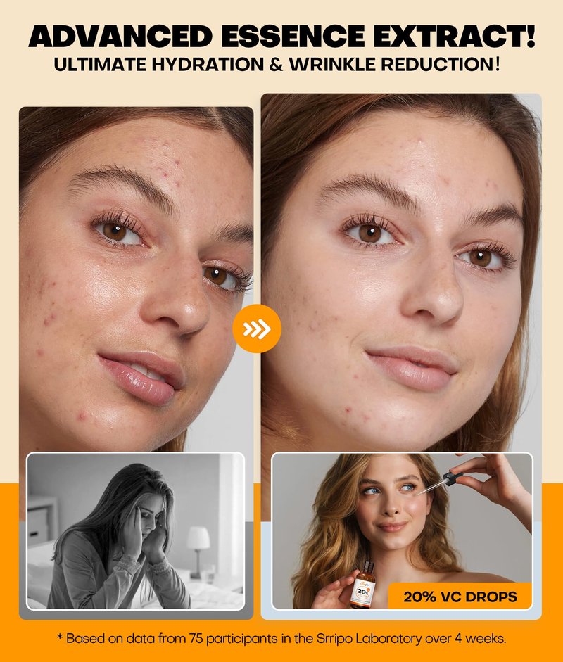 Pure Natural Skin Brightening & Anti Aging 20% Vitamin C Serum, Collagen Peptide Infused Face Serum for Deep Hydration, All-in-One with Niacinamide, Retinol, Hyaluronic Acid, 2.02 Fl Oz