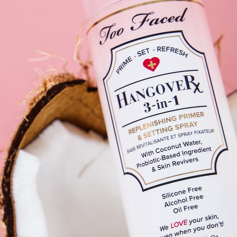 Too Faced Hangover 3-in-1 Primer & Setting Spray | Soothing & Hydrating Setting Spray for Face Makeup | Coconut Water | Travel Size, 1 Fl Oz, Clear