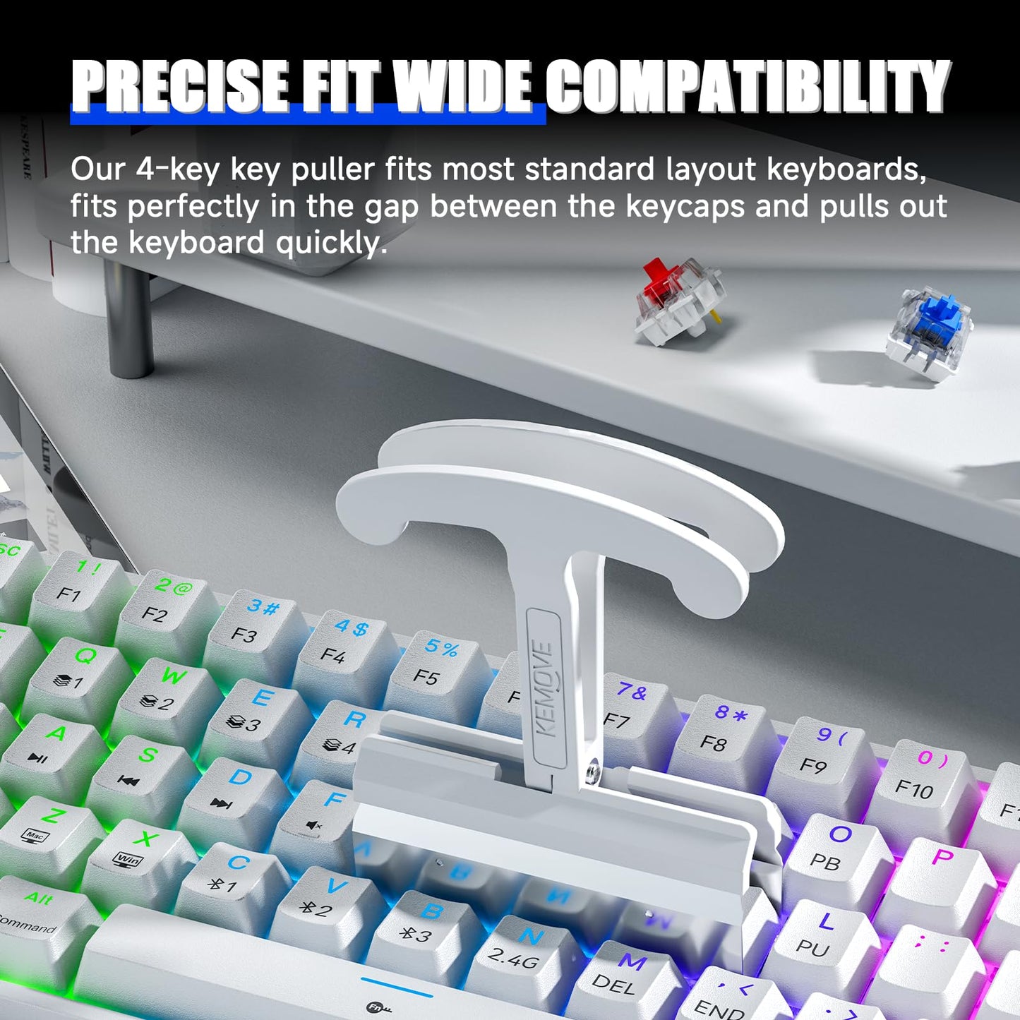 KEMOVE P11 4-Key Keycap Puller - Custom Gaming Mechanical Keyboard Cleaning and Removal Tool, Made with PC and 420 High-Carbon Stainless Steel, Suitable for Standard Layout Keyboards (White)