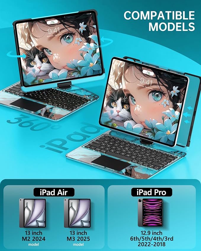 Intermerge Transparent Case with Keyboard for iPad Air 13"(M4/ M3/ M2, 2026/2025/ 2024) & Pro 12.9" (2022-2018) - 360° Swivel Multi-Touch Trackpad, 7-Color Backlit, Pencil Holder, Nebula Core X