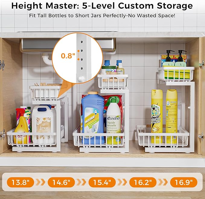 Under Sink Organizer,2 Pack Under Kitchen Sink Organizer,2 Tier Sliding-Out,5 Level Height Adjustable,Thickened Carbon Steel,Anti-rust Treatment,For Kitchen Bathroom White