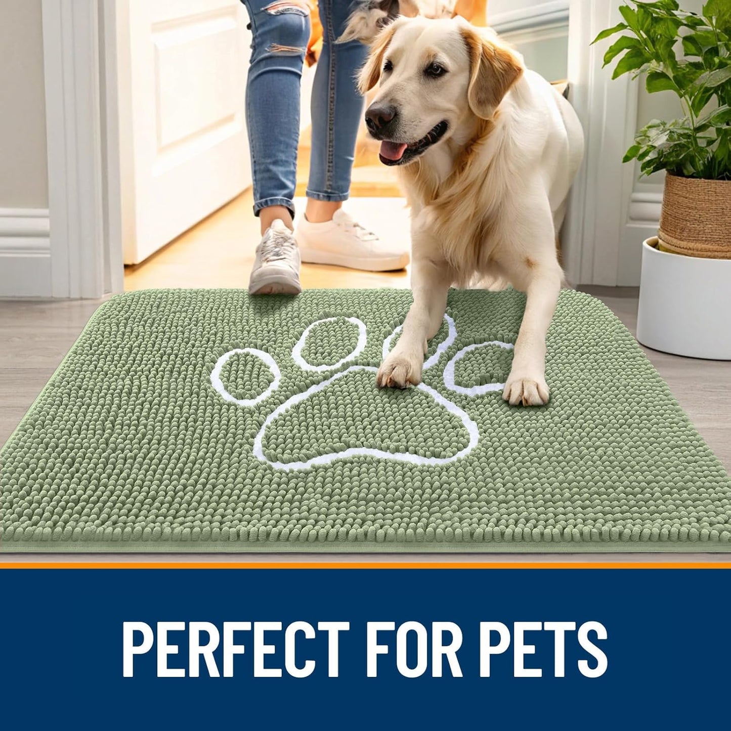 OLANLY Dog Door Mat - Absorbent Muddy Paws Doormat | Non-Slip Chenille, 59x24, Sage Green