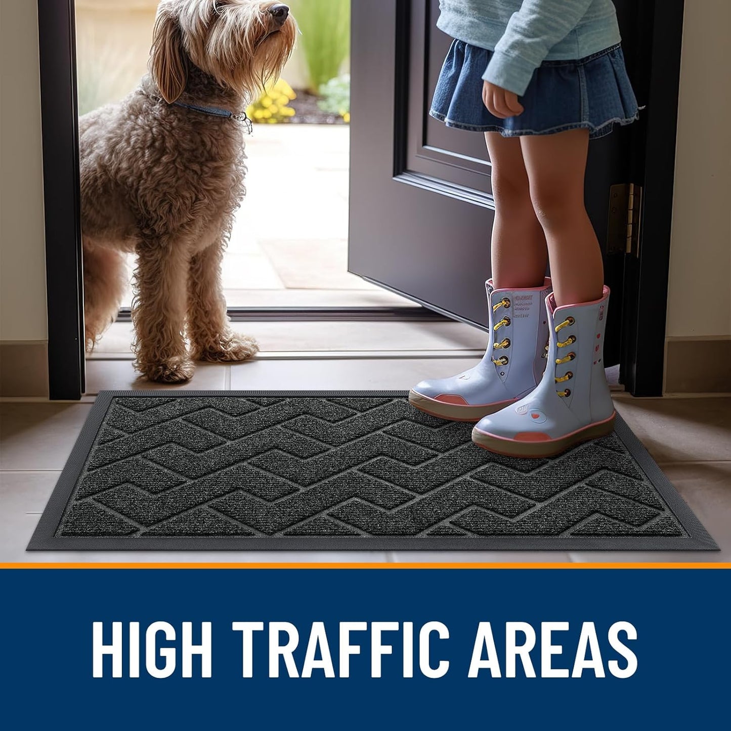 OLANLY Waterproof Front Door Mat - All-Season Indoor/Outdoor Herringbone Design | Easy Clean, Low Profile (Black, 47x32)