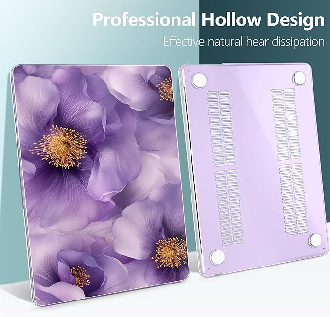 TWOLSKOO for MacBook Air 13 inch Case M4 A3240 M3 A3113 M2 A2681 2025 2024 2022 Plastic Hard Shell, Keyboard Cover, Type C Adapter, Screen Protector for MacBook Air 13.6 inch, Purple Flowers