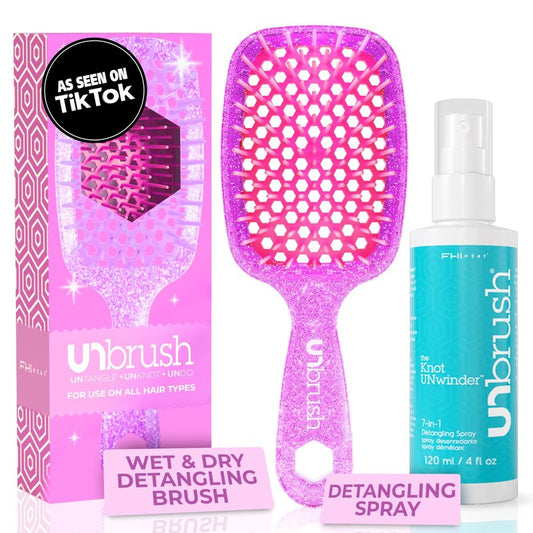 FHI Heat UNbrush Detangling Brush and UNwinder Detangling Spray Combo Pack - Tangle-Free Hair, Pain-Free Brushing, Anti-Static Bristles, Lightweight Hair Brush, Rose Quartz Pink