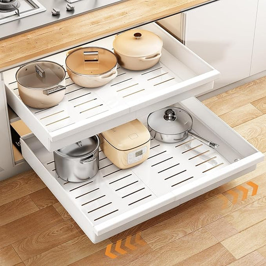 Pull out Cabinet Organizer, 1-Pack Expandable(13.6"-24") Silde out Drawers with Raising Pad for Framed Cabinets, Adjustable Full-Extension Adhesive Roll out Shelves for Kitchen Pantry Home Pot and Pan