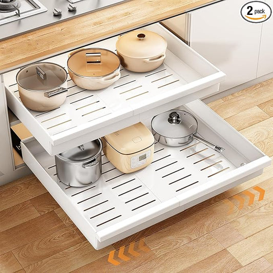 Pull out Cabinet Organizer, 2-Pack Expandable(13.6"-24") Silde out Drawers with Raising Pad for Framed Cabinets, Adjustable Full-Extension Adhesive Roll out Shelves for Kitchen Pantry Home Pot and Pan