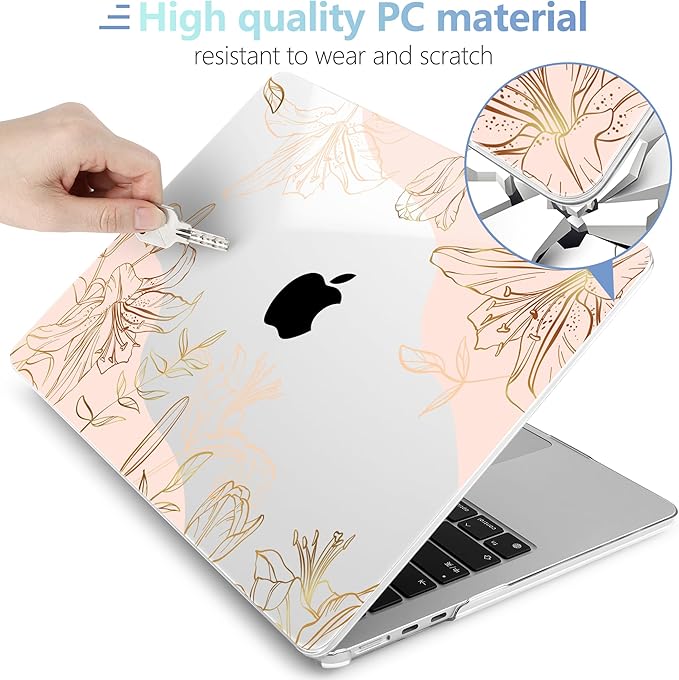 MEEgoodo Case for M5/M4/M3/M2 MacBook Air 13 inch 2026 2025 2024 2022, Fit Model A3449/A3240/A3113/A2681, Case Compatible with MacBook Air 13.6-inch, Gold Flowers Lilies