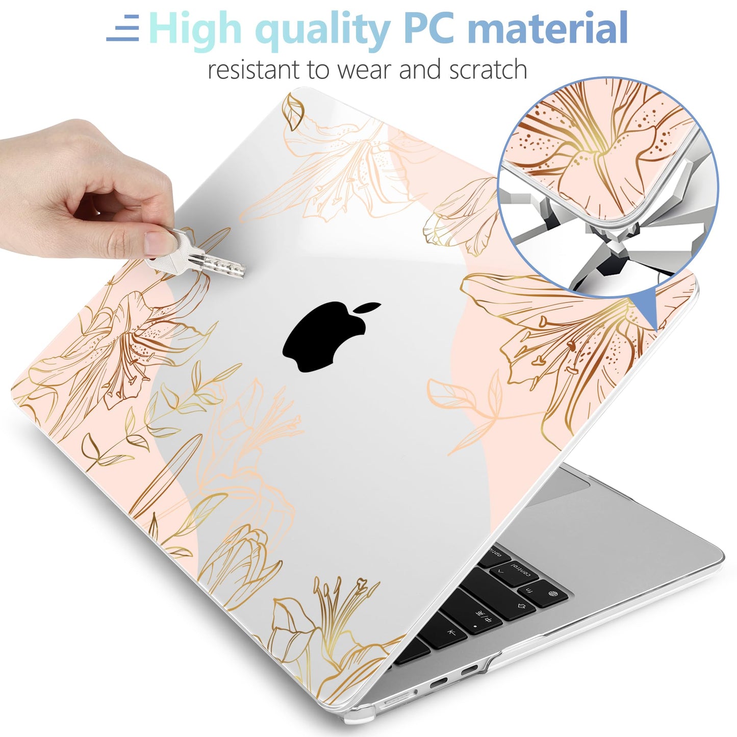 MEEgoodo for M5/M4/M3/M2 MacBook Air 15 inch Case 2026 2025 2024 2023, Case Fit Model (A3448/A3241/A3114/A2941) for MacBook Air 15.3 inch, Gold Flowers Lilies
