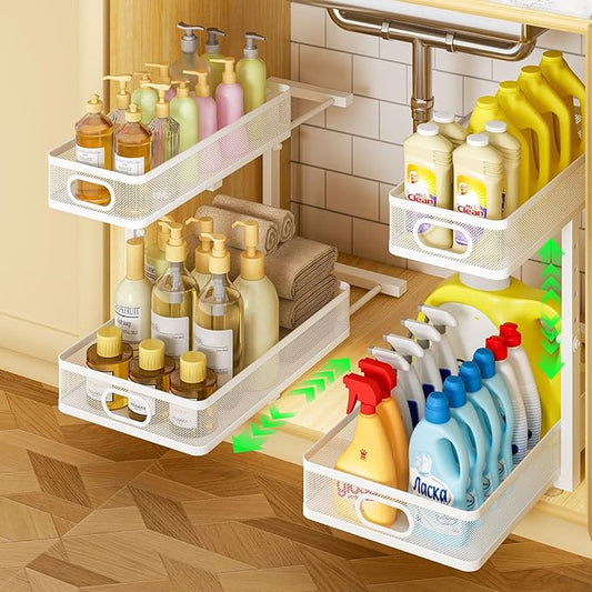 Under Sink Organizer 2-Pack, Metal 2-Tier Pull-Out Cabinet Shelf with Slide-Out Mesh Drawers, Height Adjustable, Space-Saving Under Sink Storage Racks for Kitchen, Bathroom, Laundry Room, White
