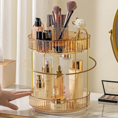 Aveniee 360 Rotating Makeup Organizer - Upgraded Two-Tier Vanity Storage for Perfume & Skincare - Gold