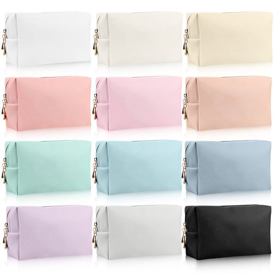 Jexine 12 Pieces Small Makeup Bag Water Resistant PU Leather Cosmetic Bag Travel Toiletry Bags Mini Pouch Zipper Portable Storage Organizer Bulk for Women Gift Daily Use 12 Colors