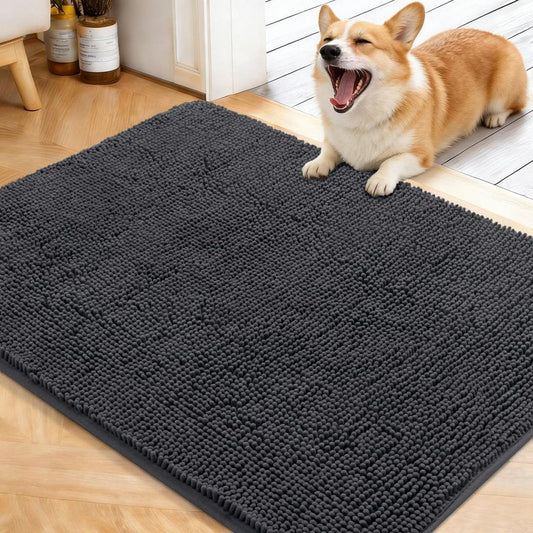 OLANLY Dog Door Mat for Muddy Paws 40x32, Absorbs Moisture and Dirt, Absorbent Non-Slip Washable Doormat, Quick Dry Chenille Mud Mat for Dogs, Entry Indoor Entryway Carpet for Inside Floor, Dark Grey