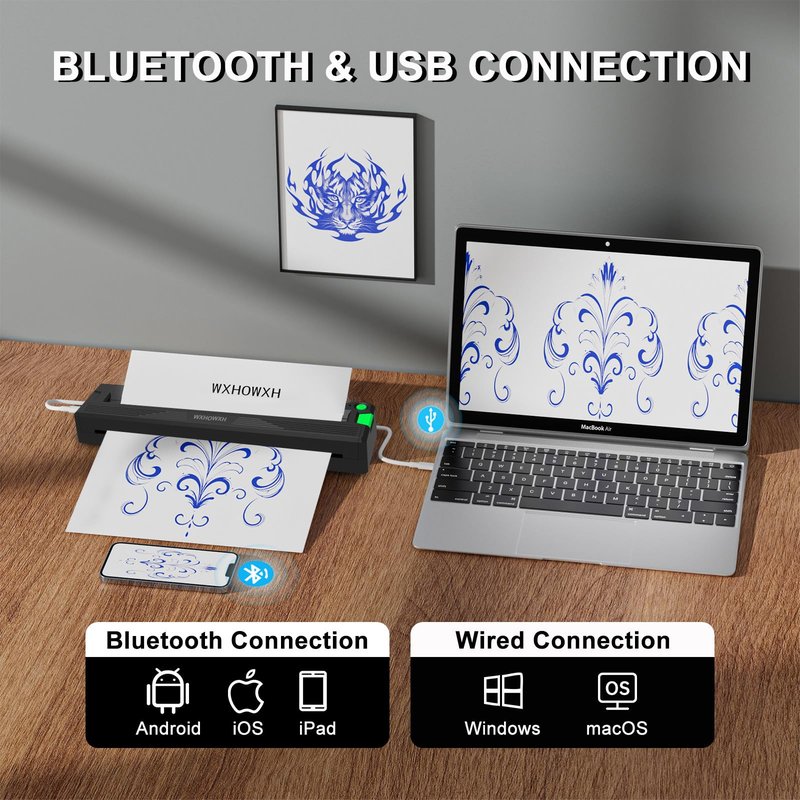 WXHOWXH 2026 New Tattoo Stencil Printer for Tattoo Artists&Beginners,termocopiadora Tattoo Machine with 3 pcs of Tattoo Transfer Paper,Portable Wireless Bluetooth Printer Compatible with Phone&PC