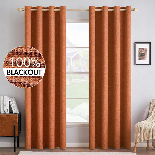 MIULEE Linen Curtains - 100% Blackout Thermal Insulated Drapes | Orange Grommet, 52 x 90 Inch (2 Panels)