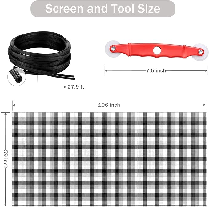 SAKURRY Window Screen Replacement Kit, 59'' x 106'' Fiberglass Screen Mesh with Rolling Tool and Screen Retainer Spline, DIY Adjustable Screen Door Mesh for Window, Door and Patio, Black
