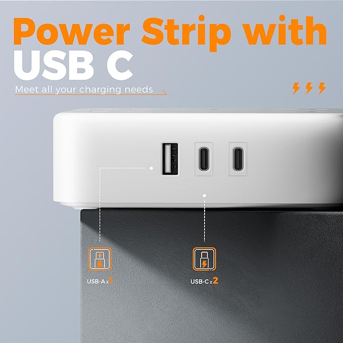 TESSAN Surge Protector Power Strip, 5 Ft Flat Plug Extension Cord with 3 USB (2 USB C) 8 Outlets, 1250W, 900J Protection, 3 Sided Outlet Extender with Power Switch for Office, Dorm Room, Grey