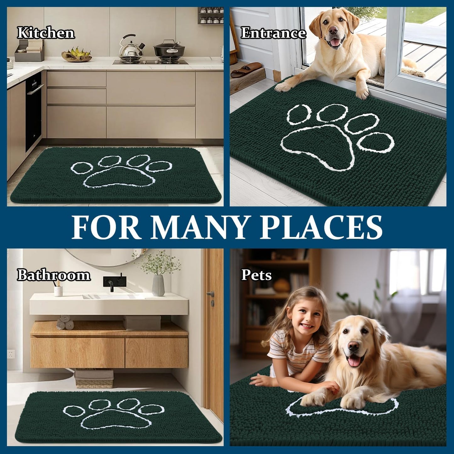OLANLY Dog Door Mat - Absorbent Non-Slip Mud Mat for Muddy Paws | 70x24 Inches, Blackish Green