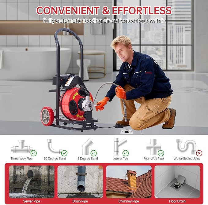 Drain Augers,50FT Steel Core Cable,CW/CCW Switch,Forward Reverse Control,Quick Replaceable Cutters -Electric Sewer Snake for 1"-4" Pipes,250W Motor Speed 1700 RPM,Air-Activated Foot Control