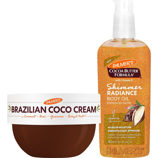 Palmer's Brazilian Coco Cream & Shimmer Body Oil Duo, Whipped Firming Body Cream (8.8 Oz) + Shimmer Radiance Oil (5.1 Fl Oz) for Glowing, Tighter-Looking Skin, Provides 48 Hour Moisture