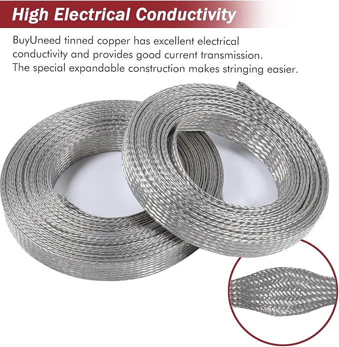 BuyUneed Tinned Copper Metal Braid Sleeving Wire Shielding Sleeve Braided Copper Ground Straps EMI/RFI Interference Expandable Flat Mesh Shielding Cable for Protect Wire (5/16inch-22ft)
