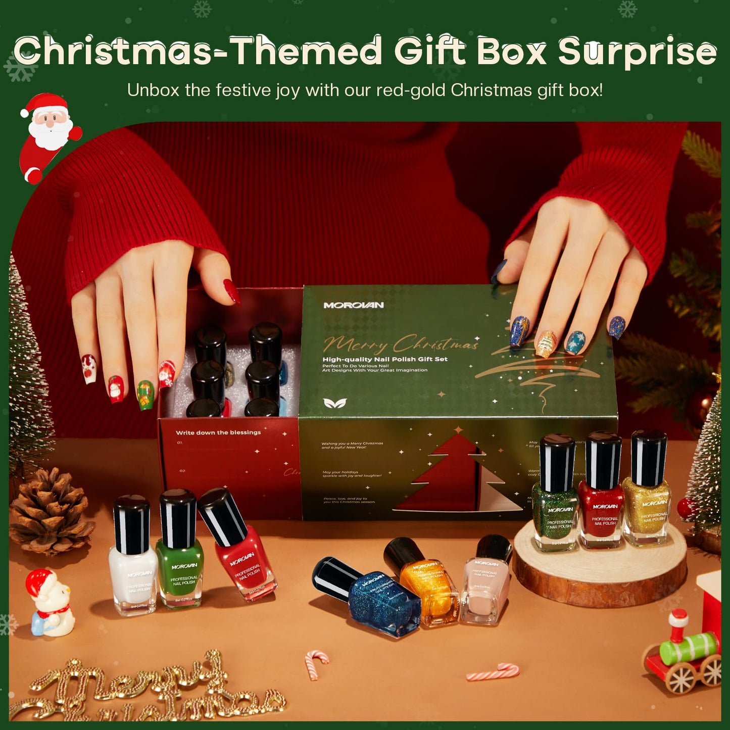 Morovan Christmas Nail Polish Set: 2026 Glitter Gifts Ideas Red Green Gold Silver Fingernail Polish Kit Winter Quick Dry Regular Nail Polish Pack Manicure for Women Girls Holiday Party