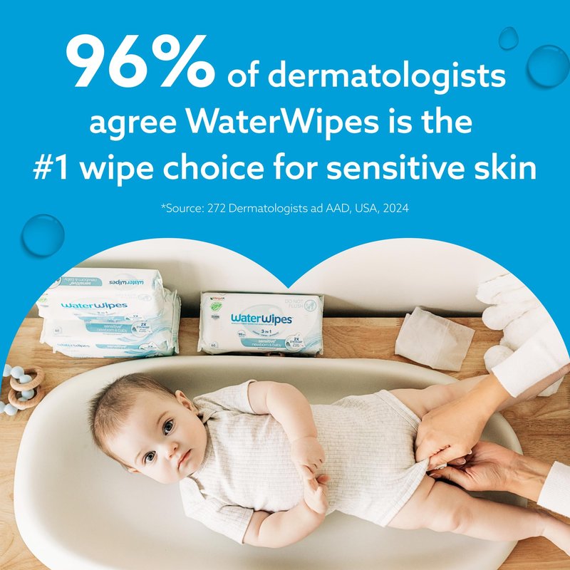 WaterWipes Sensitive+ Newborn & Baby Wipes, 3-In-1 Cleans, Cares, Protects, 99.9% Water, Unscented & Hypoallergenic, 60 Count