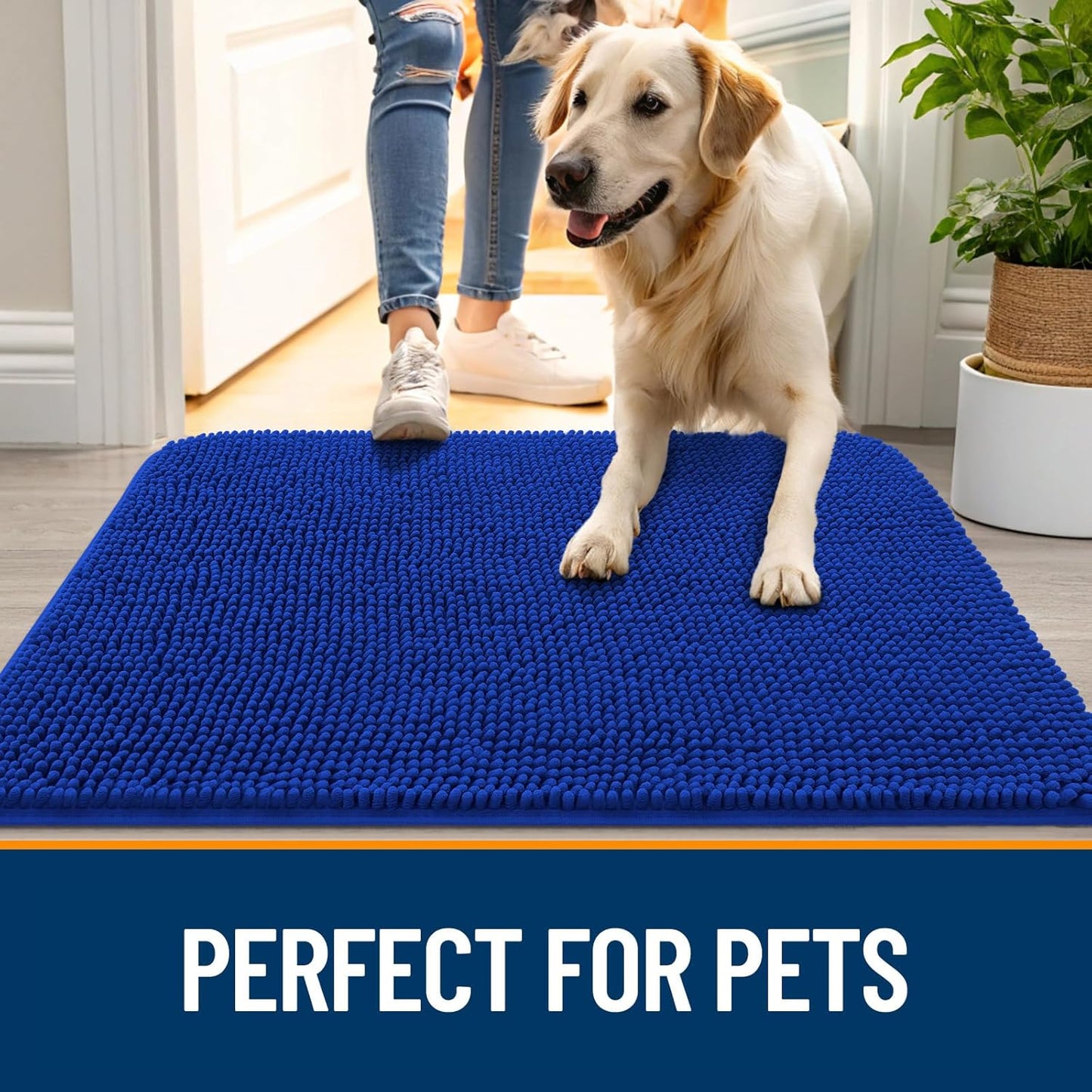 OLANLY Dog Door Mat - Absorbent Non-Slip Chenille Mat for Muddy Paws | 24x16 Royal Blue Indoor Entryway Carpet