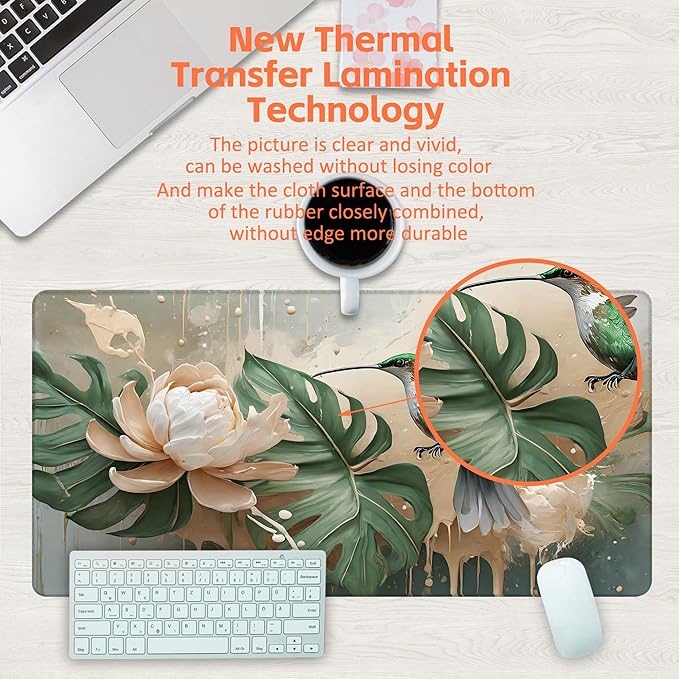 KOAIWPAE Desk Pad, Elegant Hummingbird Desk Mat, Oil Painting Flowers and Leaves Large Gaming Mouse Pad, 31.5"x15.7" Extended Big Computer Mouse Pad with Non-Slip Base and Stitched Edge