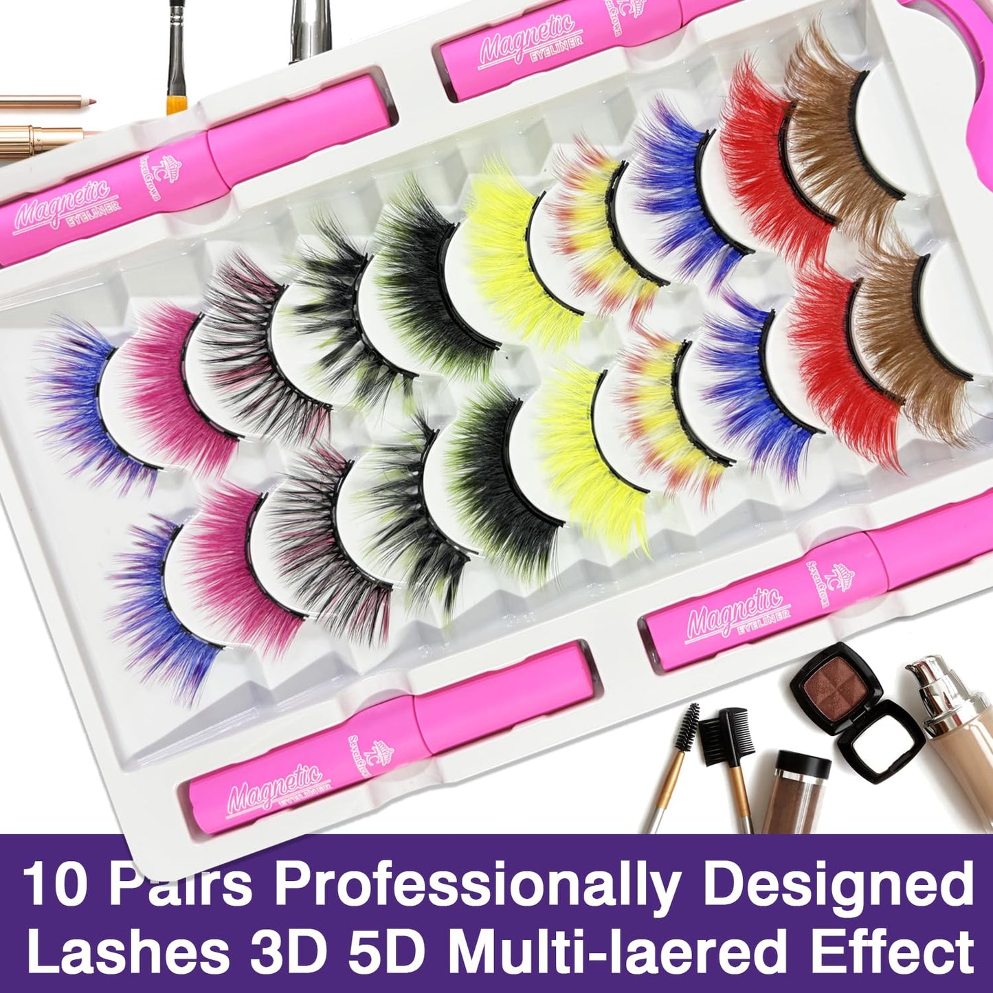 Magnetic Eyelashes 7C SevenCrown Round Magnetic Lashes with Eyeliner,3D Natural Look Magnetic Lash with Applicator,10 Pairs,Cruelty-Free, Long Lasting.