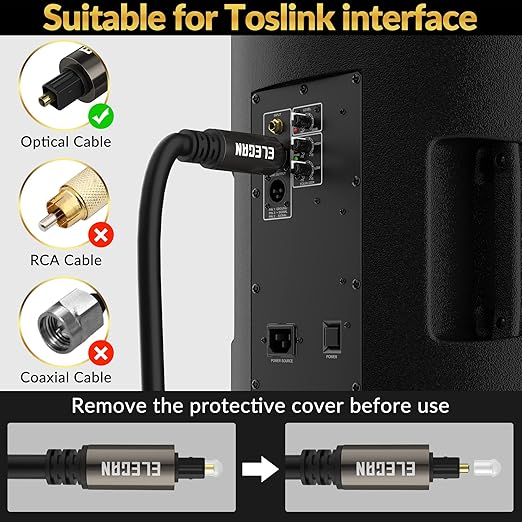 Elecan Optical Audio Cable 12 Ft/2 Pack Digital Audio Toslink Cable Cord-Fiber Optic-Gold Plated-Flexiable&Durable-for Home Theater,Sound Bar,PS4& Xbox-with Right Angled+Mini Toslink Adapters+Ties
